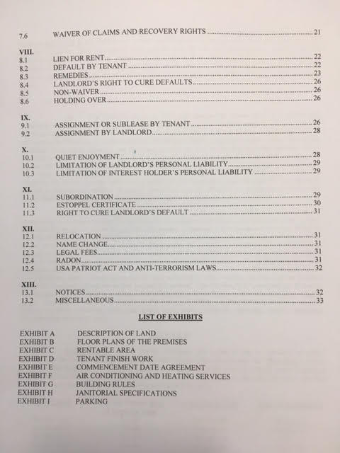 commercial lease table of contents